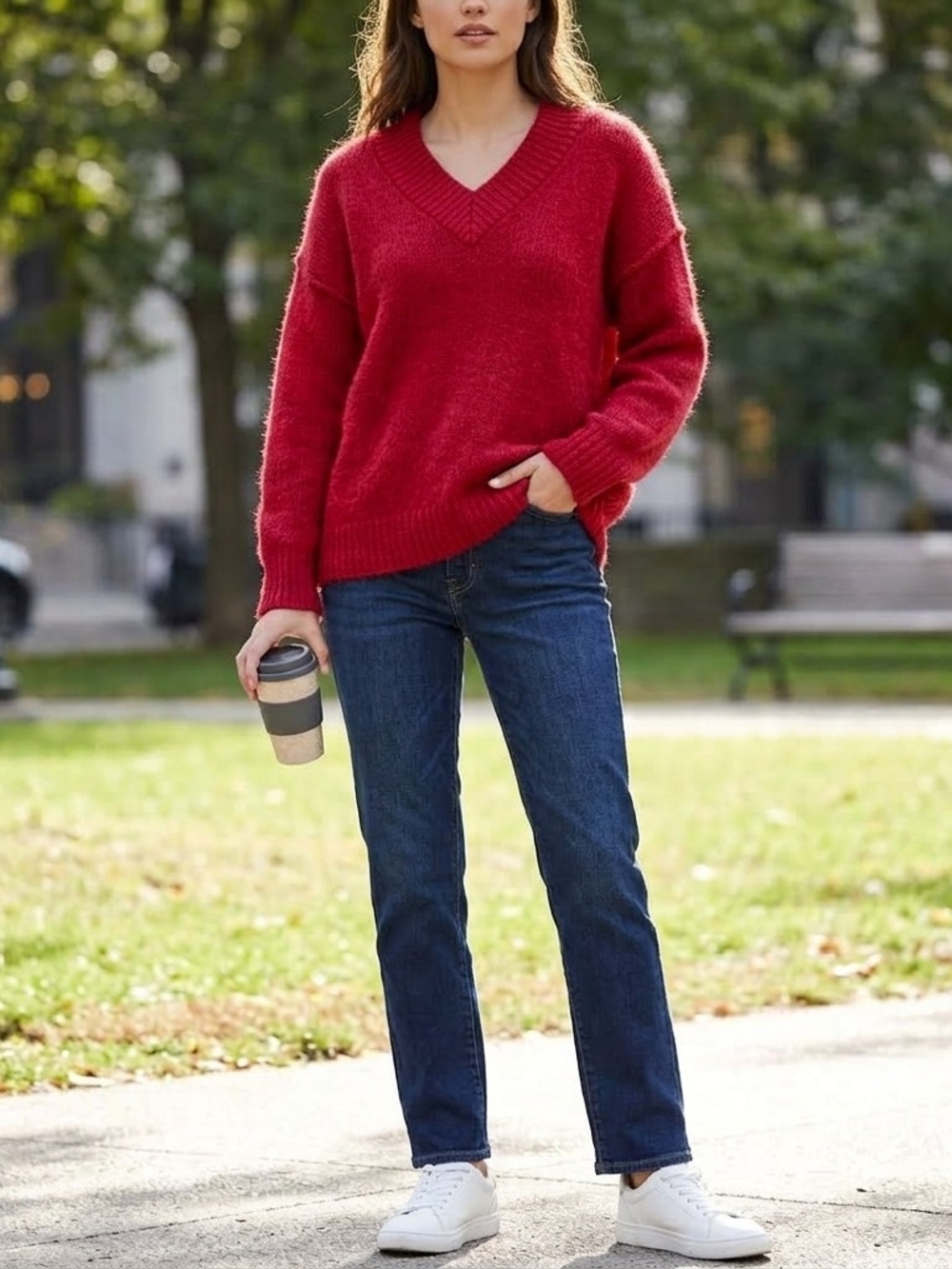 Wild Fable Bold Red Fuzzy Knit Oversized V-Neck Sweater (Size M)